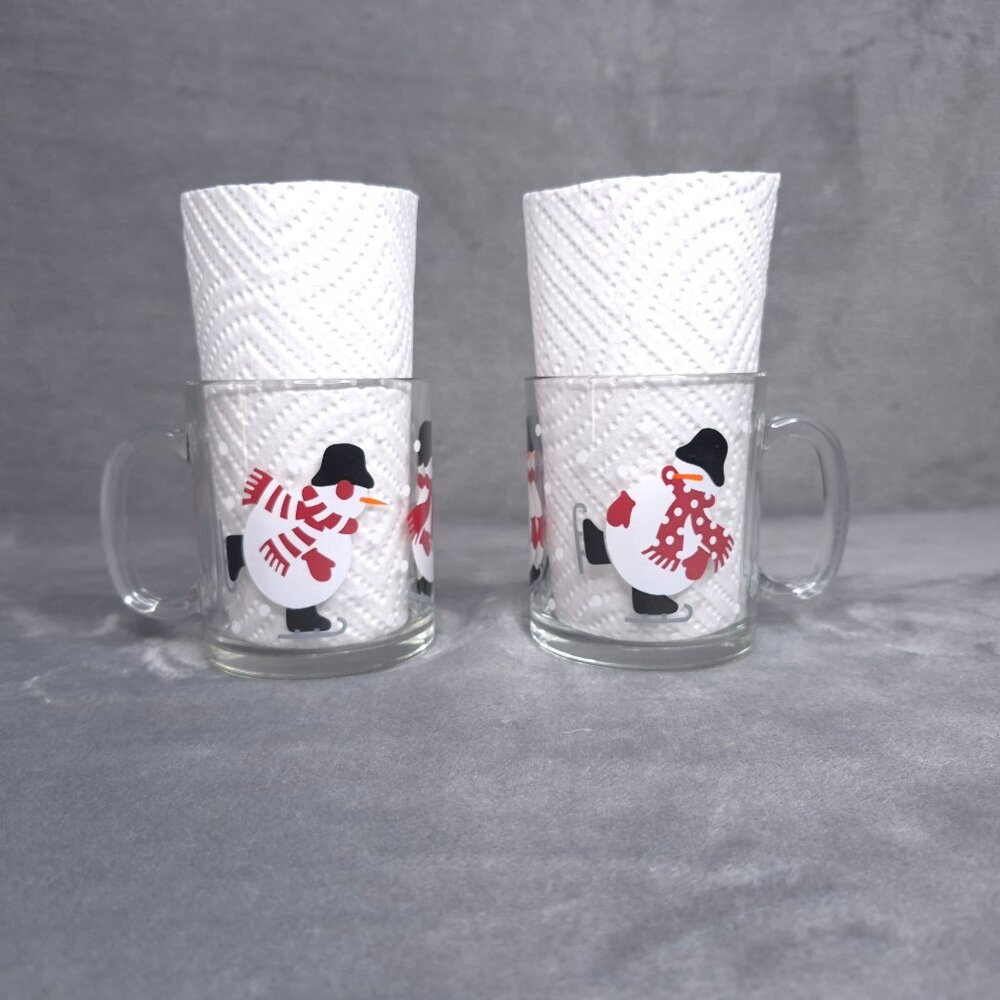 Crate & Barrel Skating Snowman Luminarc Glass Coffee Cup Mug Set of Two USA